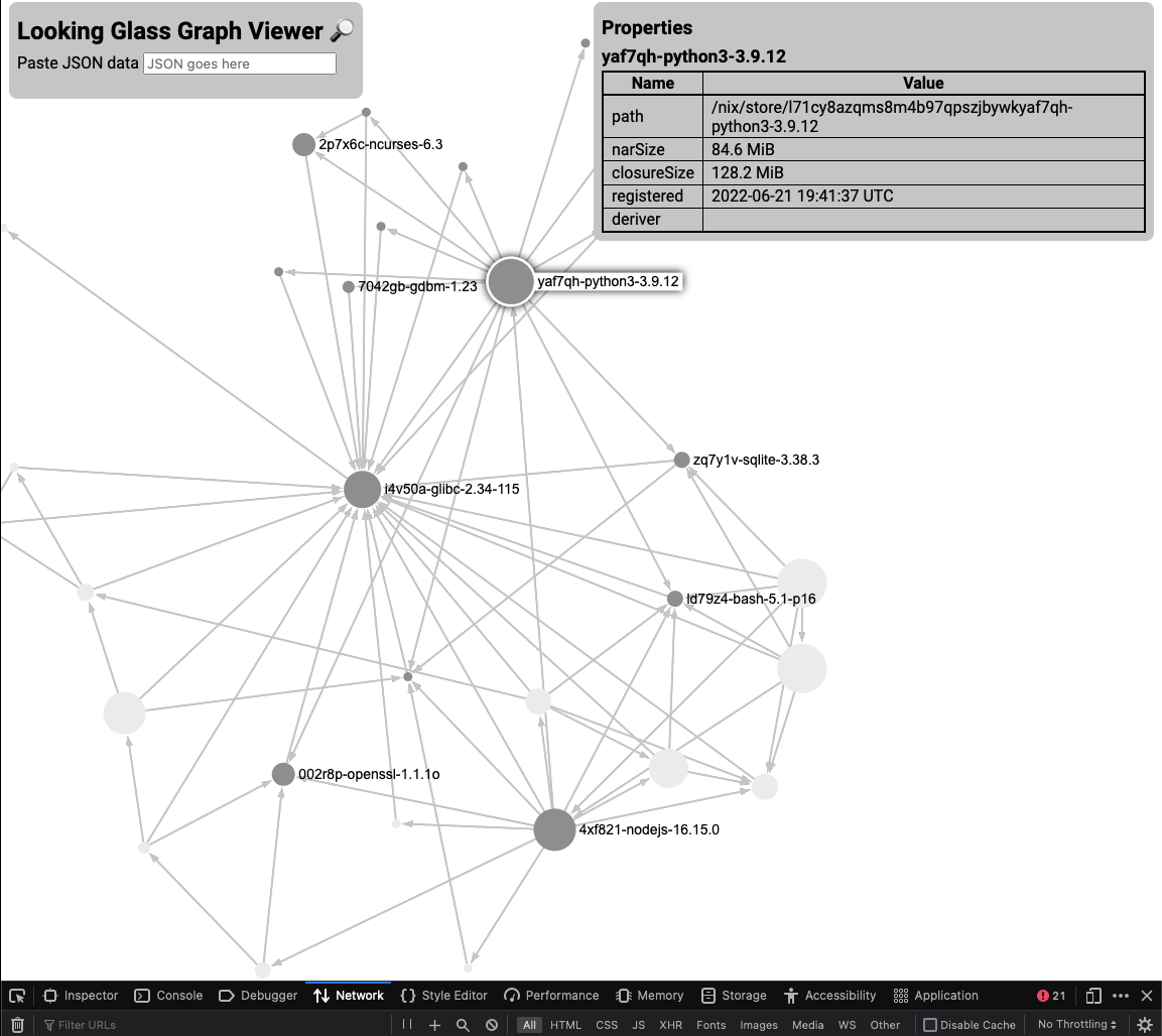 screenshot of the graph viewer showing that nodejs depends on python