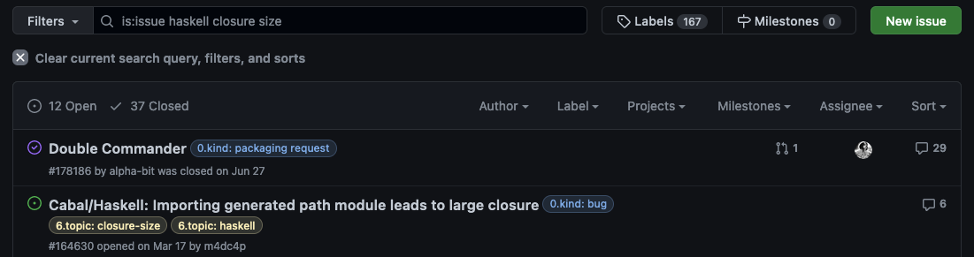screenshot of the github issues page for nixpkgs, showing a bug about large closures