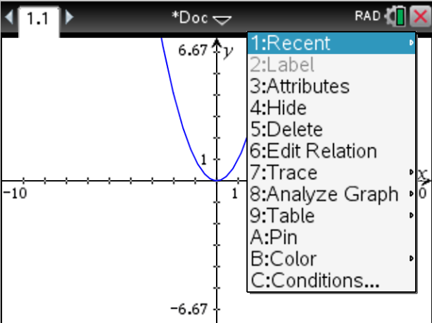 Screenshot of the TI-Nspire user interface showing a graph inside a document.

It shows a context menu with a numbered list of options including "Recent" for recent commands, "Attributes", "Hide", "Delete", and "Edit Relation" among others.