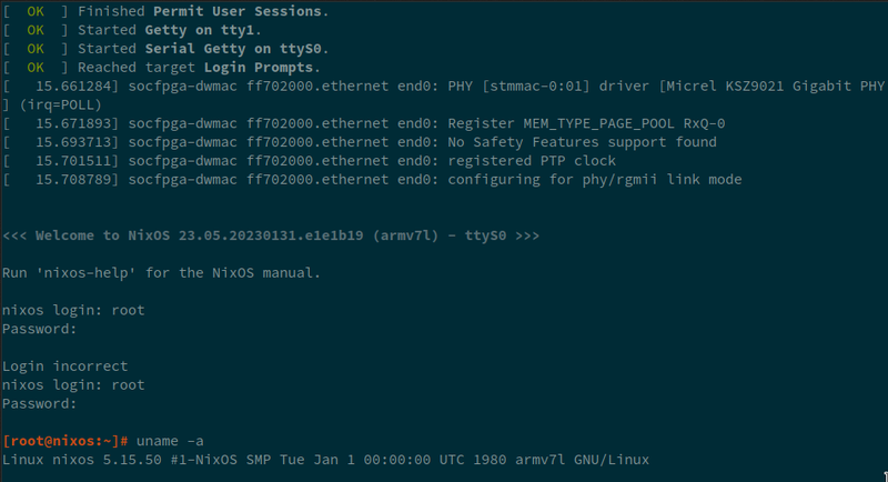 Screenshot of a terminal showing the NixOS 23.05 prerelease NixOS booted to the
login prompt on an armv7l-linux. Some lines above show "socfpga-dwmac" related
ethernet messages.