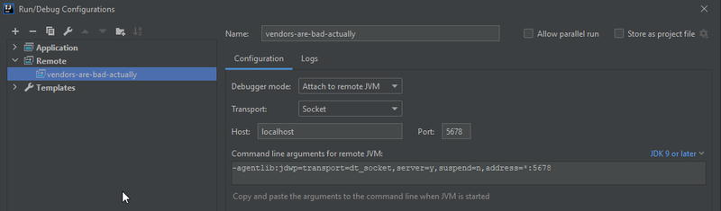 Run/Debug Configurations window in IntelliJ IDEA with a remote configuration on port 5678, host localhost, debugger mode "Attach to Remote JVM", transport "Socket"